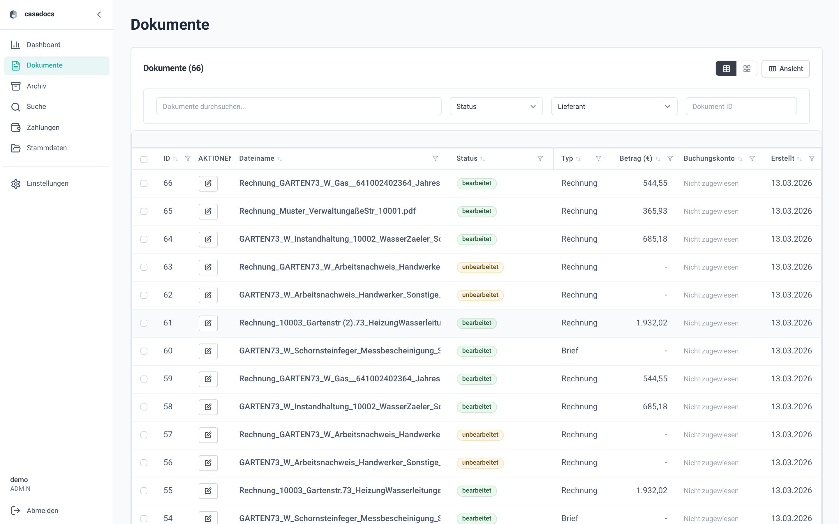 CasaDocs Dokumentenliste mit verarbeiteten Rechnungen